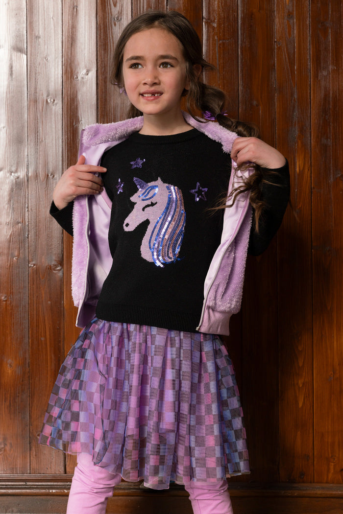 Deux par Deux girls black and mauve long sleeve tee with glitter unicorn, styled view 2