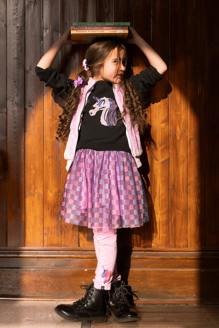 Deux par Deux girls black and mauve long sleeve tee with glitter unicorn, styled view 1