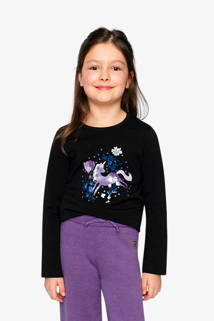 Child wearing Deux par Deux black and mauve long sleeve tee with glitter unicorn, lookbook view 1