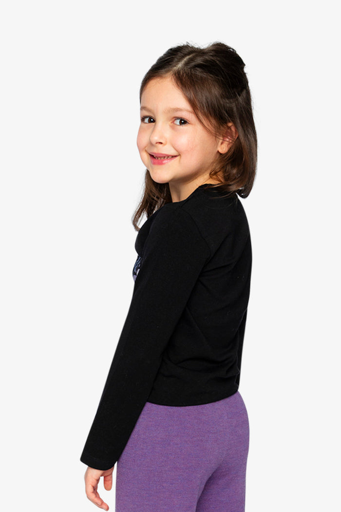 Child wearing Deux par Deux black and mauve long sleeve tee with glitter unicorn, lookbook view 2