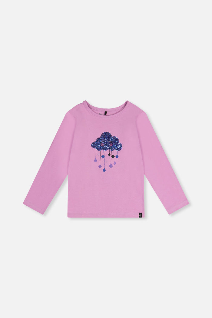 Deux par Deux girls violet long sleeve tee with sequin cloud and stars, front view