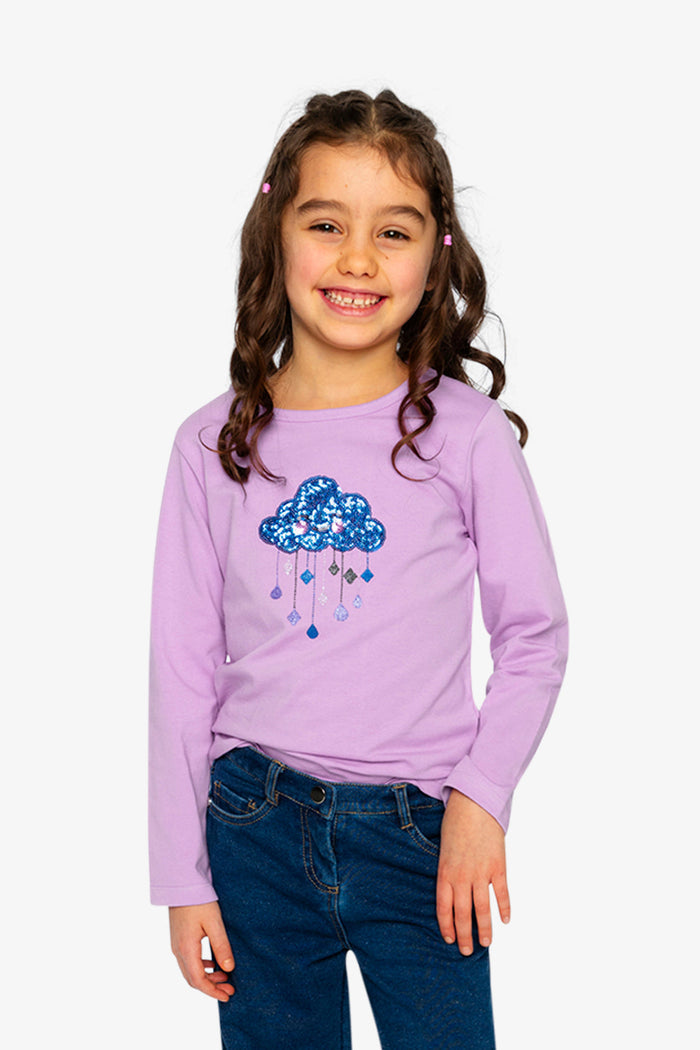 Child wearing Deux par Deux violet long sleeve tee with sequin cloud and stars, lookbook view 1