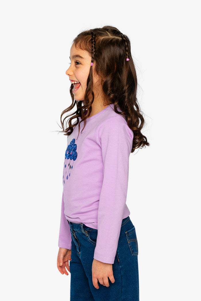 Child wearing Deux par Deux violet long sleeve tee with sequin cloud and stars, lookbook view 2