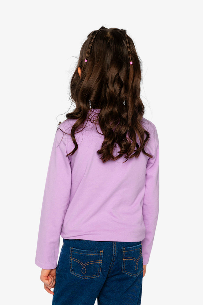 Child wearing Deux par Deux violet long sleeve tee with sequin cloud and stars, lookbook view 3