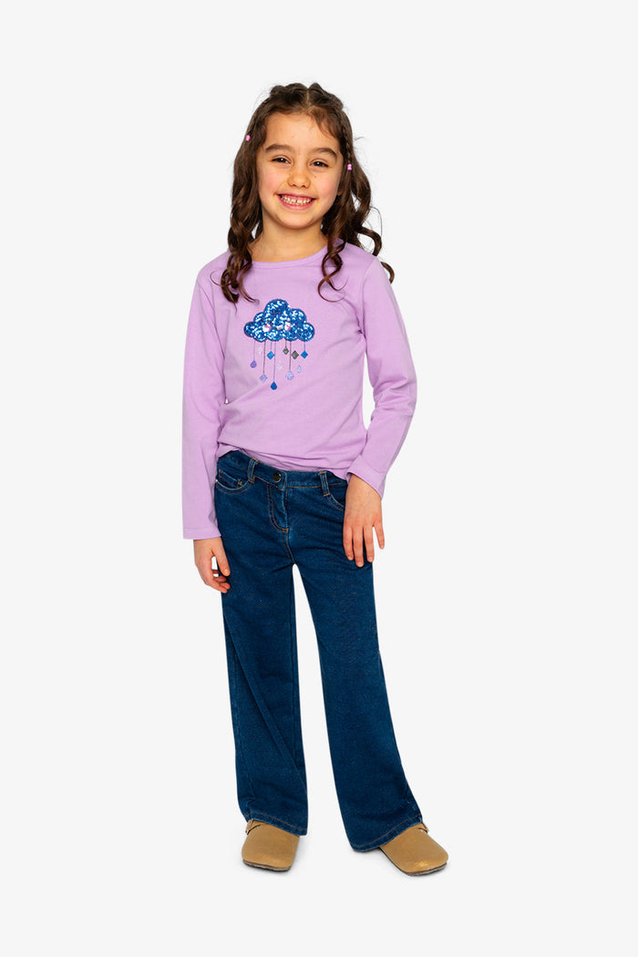 Child wearing Deux par Deux violet long sleeve tee with sequin cloud and stars, full outfit lookbook view