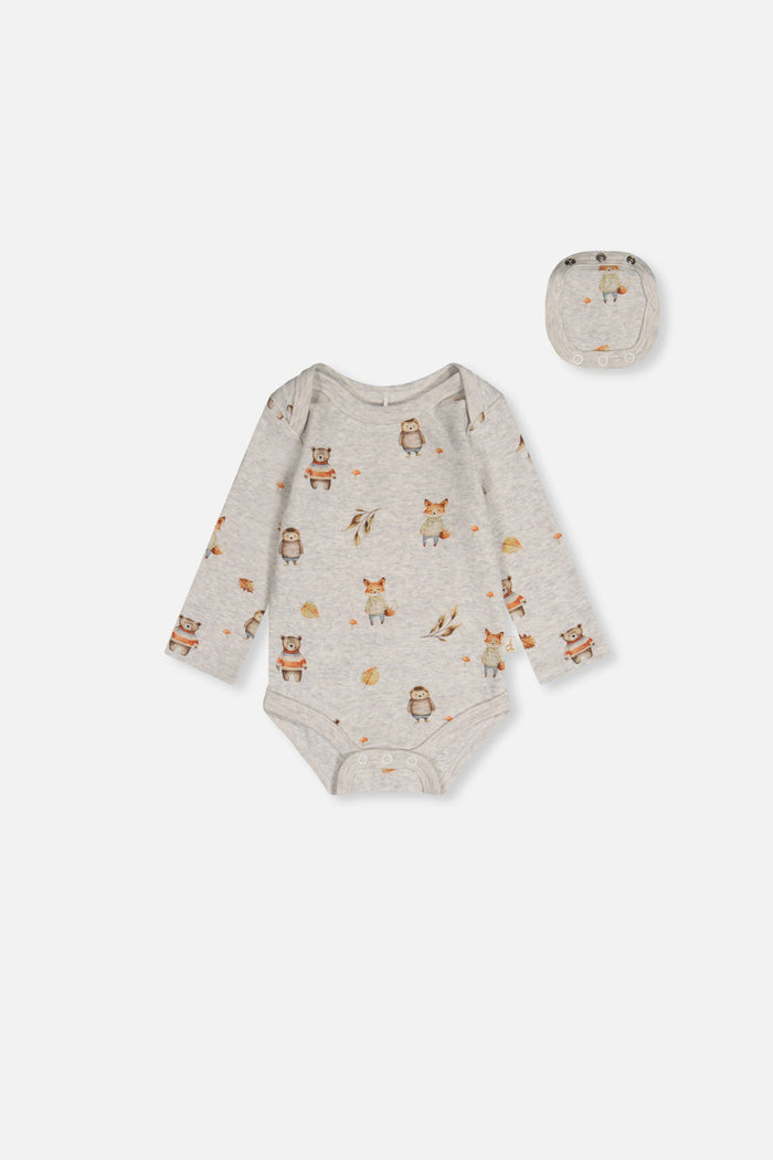 Deux par Deux baby boy organic cotton onesie in beige woodland animal print, front view