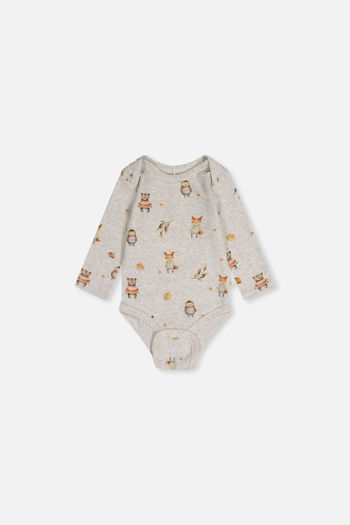 Deux par Deux baby boy organic cotton onesie in beige woodland animal print, back view