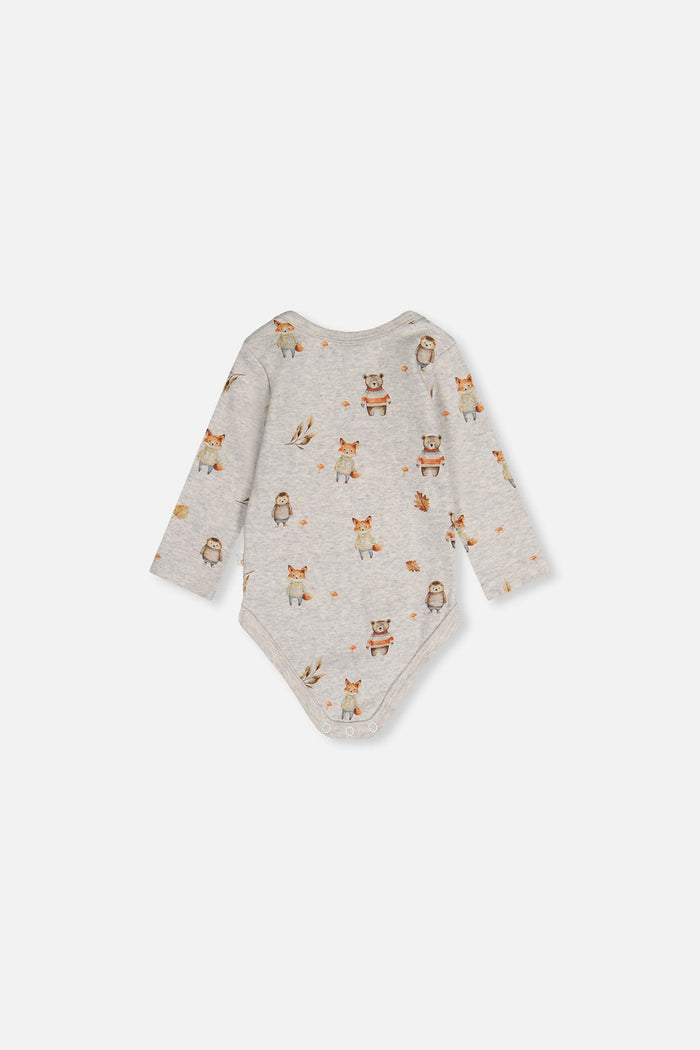 Close-up detail of the Deux par Deux organic cotton onesie in beige woodland animal print, view 4