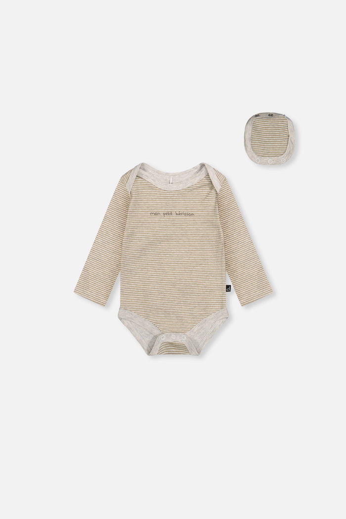 Deux par Deux organic cotton baby onesie in brown and off-white stripes, front view