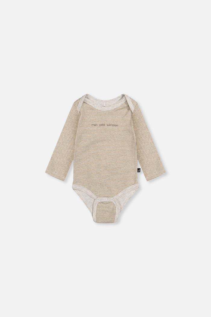 Deux par Deux organic cotton baby onesie in brown and off-white stripes, back view
