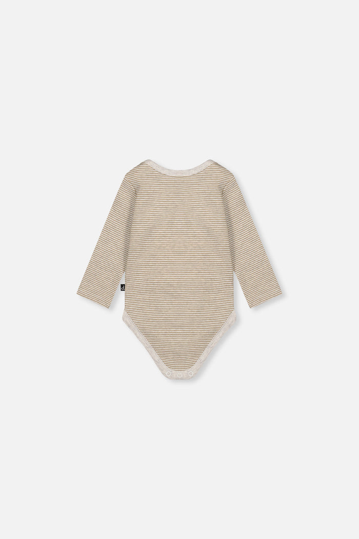 Close-up detail of the Deux par Deux organic cotton baby onesie in brown and off-white stripes, view 3