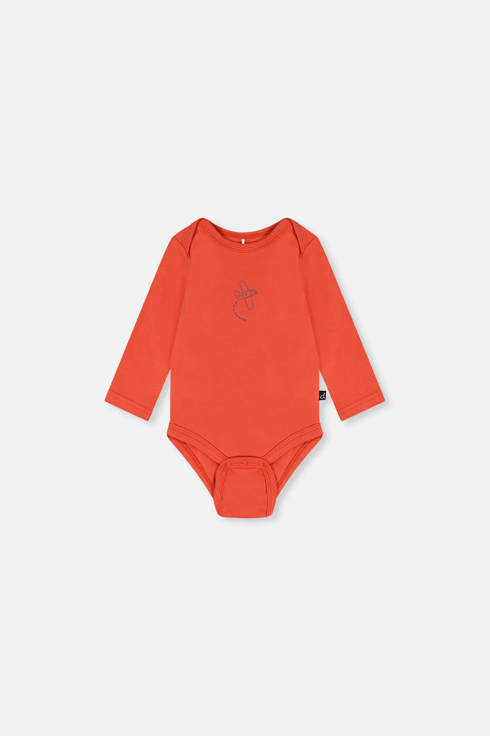 Deux par Deux organic cotton baby onesie in coral with airplane detail, view 3