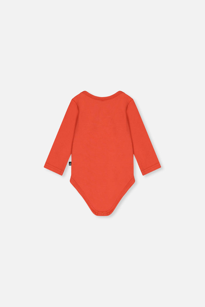 Deux par Deux organic cotton baby onesie in coral with airplane detail, view 4