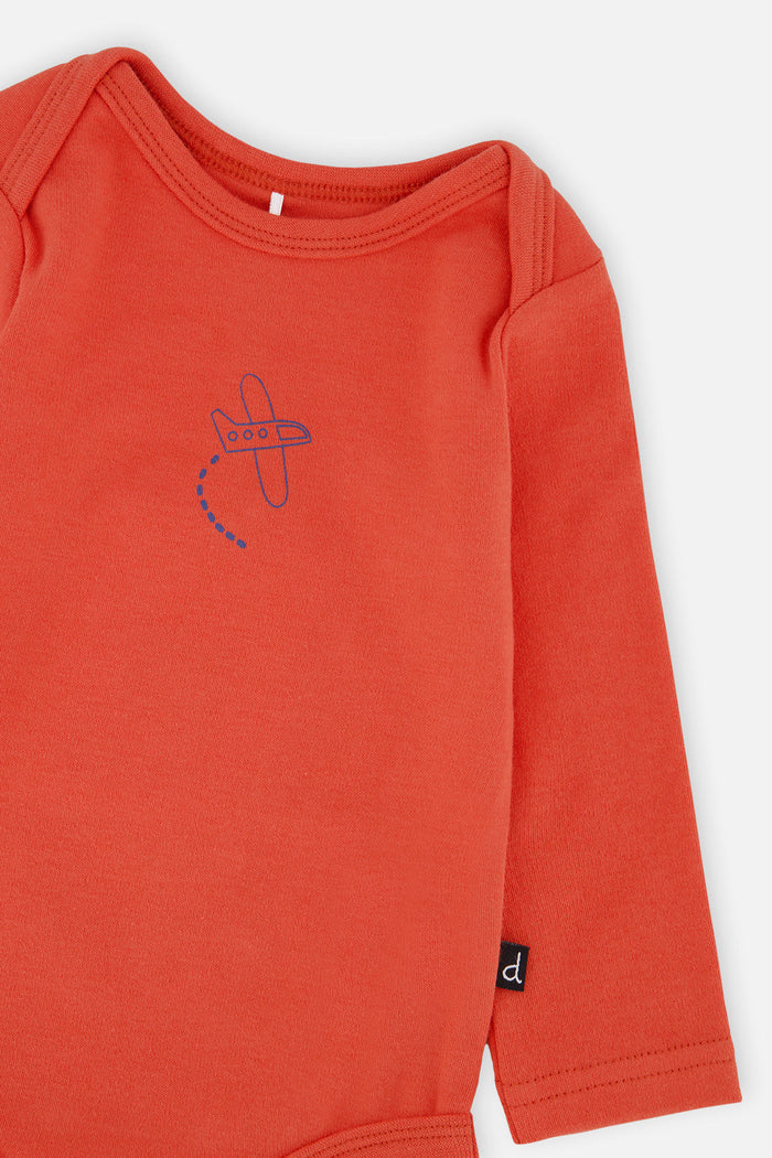 Deux par Deux organic cotton baby onesie in coral with airplane detail, view 5