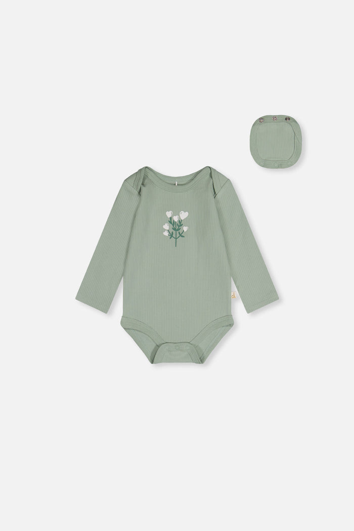 Deux par Deux baby girl organic cotton onesie in greyish green with flower detail, front view