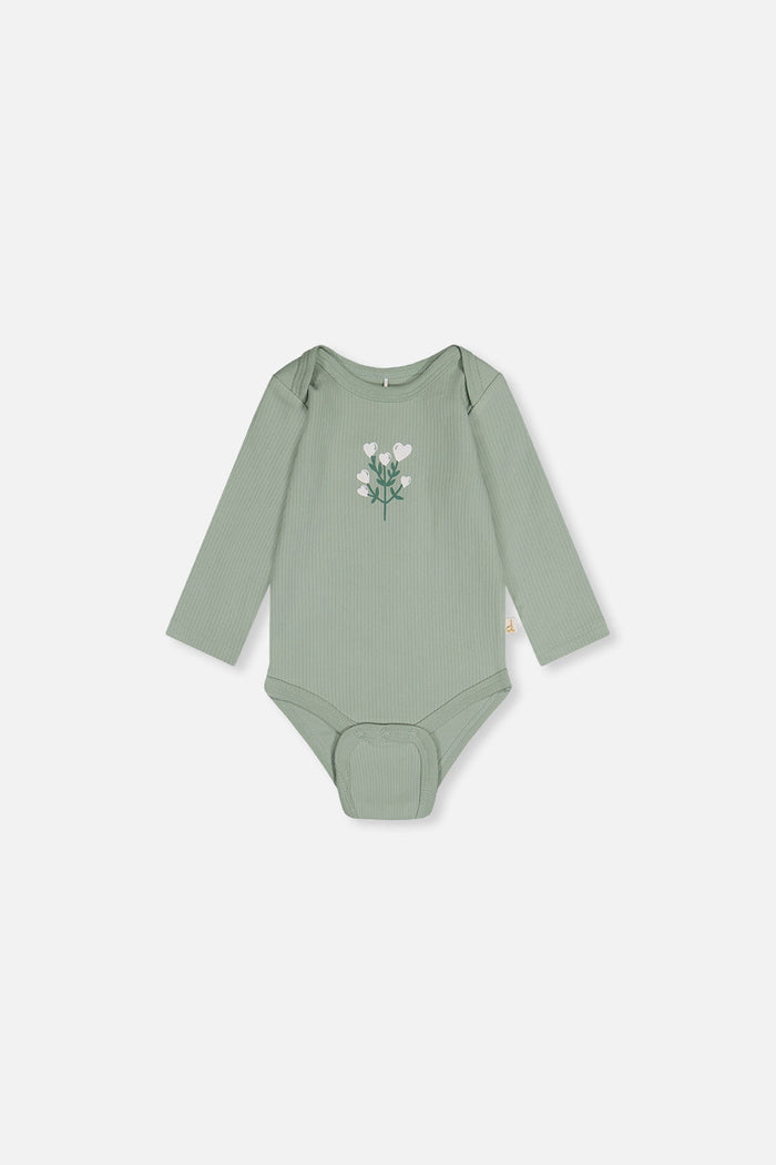 Deux par Deux baby girl organic cotton onesie in greyish green with flower detail, back view