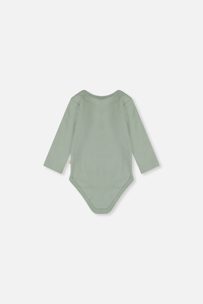 Close-up detail of the Deux par Deux organic cotton onesie in greyish green with flower detail, view 3