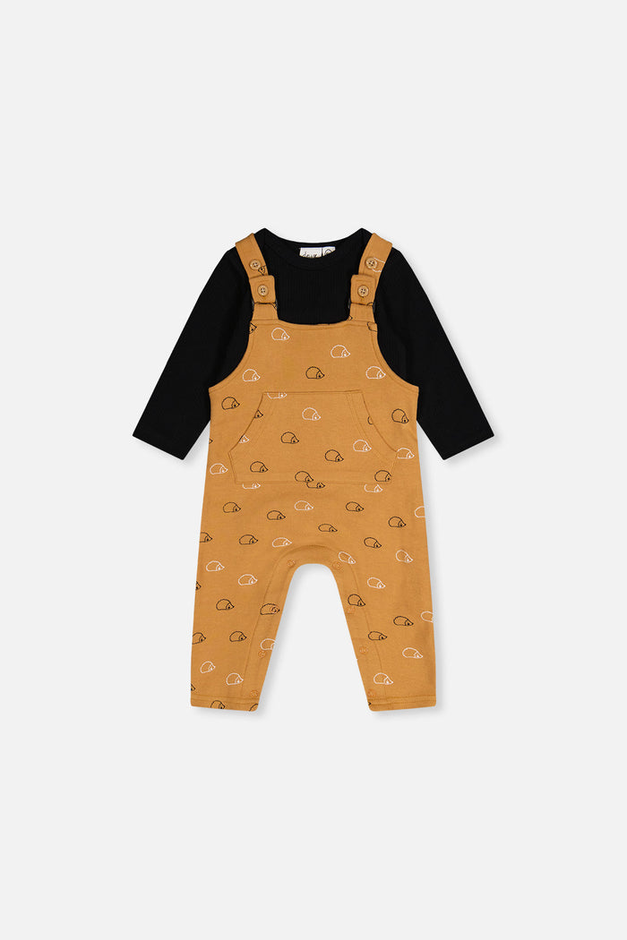 Deux par Deux baby boy organic cotton set with black onesie and brown hedgehog-print overalls, front view