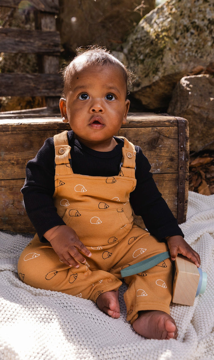 Baby wearing the Deux par Deux organic cotton set with black onesie and brown hedgehog-print overalls, view 2