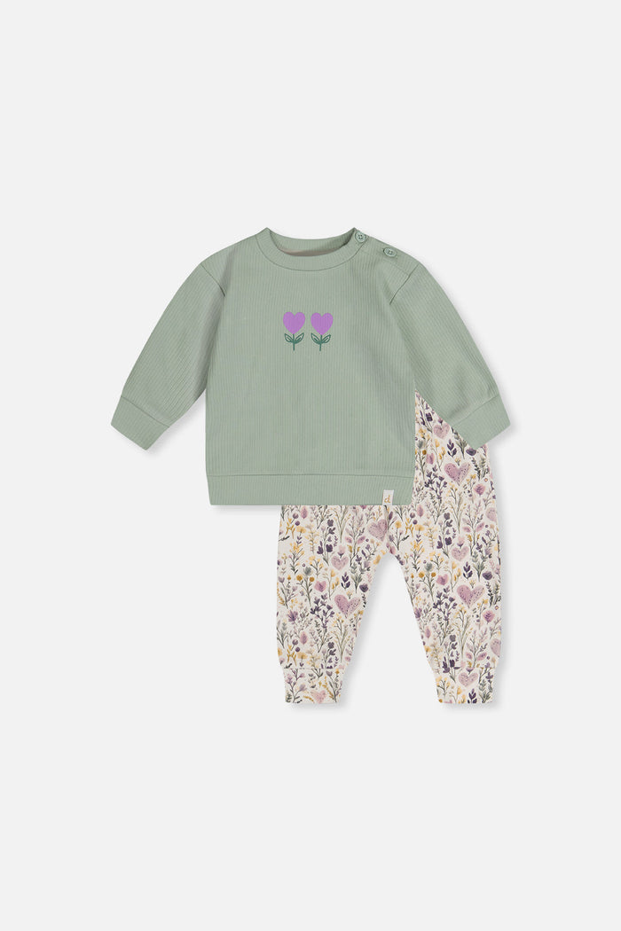 Deux par Deux baby girls ribbed top and pants set, green and beige hearts, front view