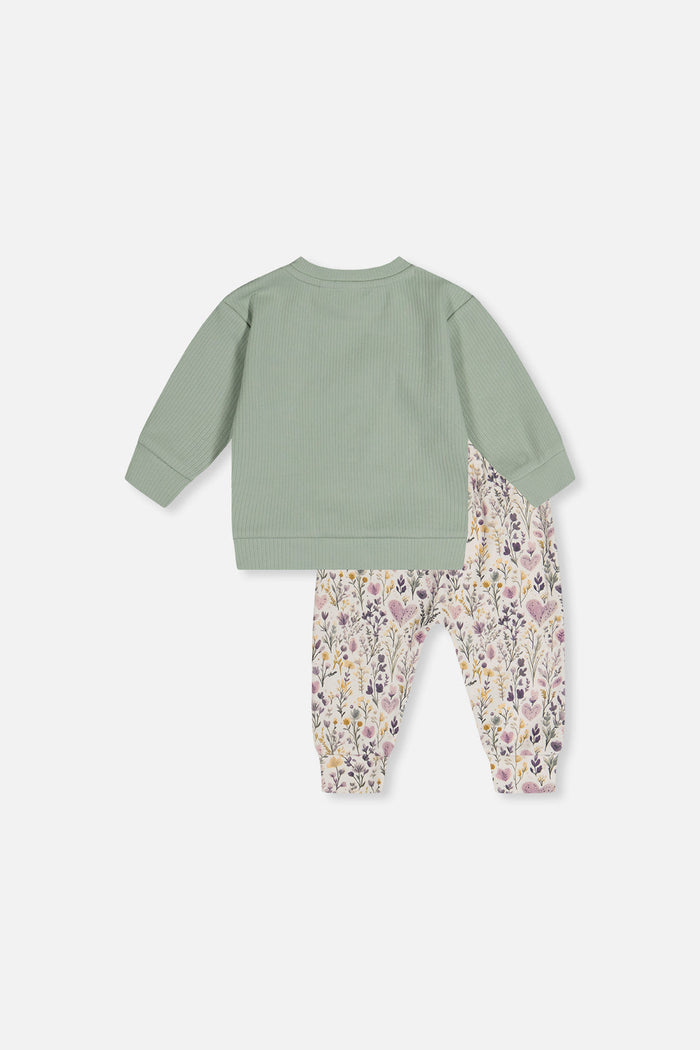 Deux par Deux baby girls ribbed top and pants set, green and beige hearts, back view