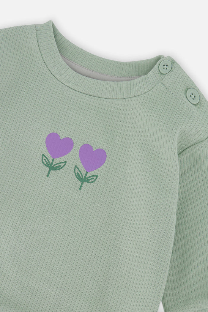Deux par Deux baby girls ribbed top and pants set, green and beige hearts, alternate view