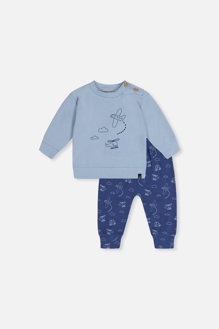 Deux par Deux baby boys set with sky blue top and deeper blue airplane and cloud print pants, front view