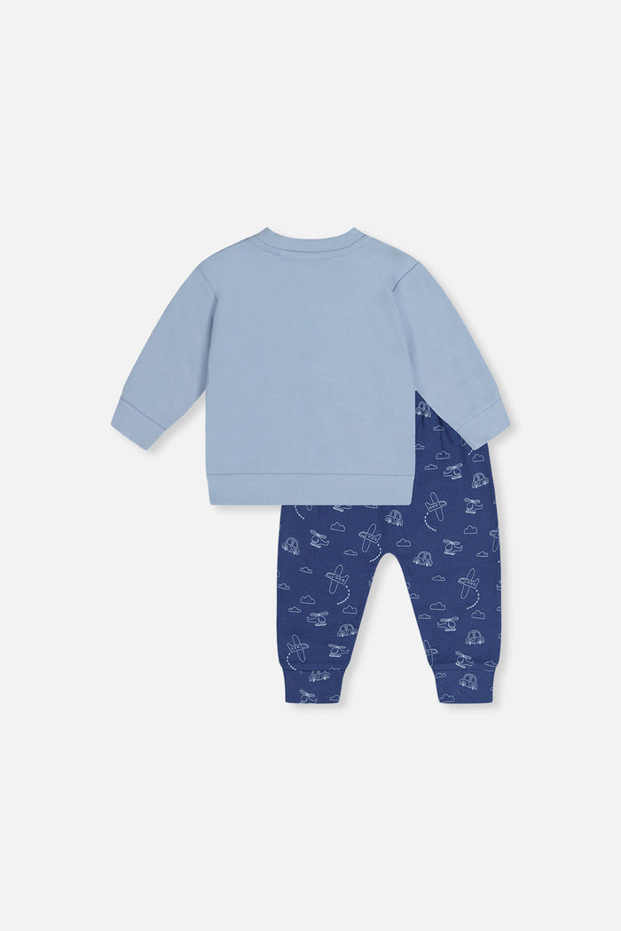 Deux par Deux baby boys set with sky blue top and deeper blue airplane and cloud print pants, back view