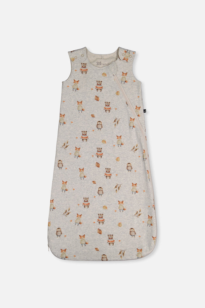 Deux par Deux organic cotton baby sleep sack with beige woodland animal print