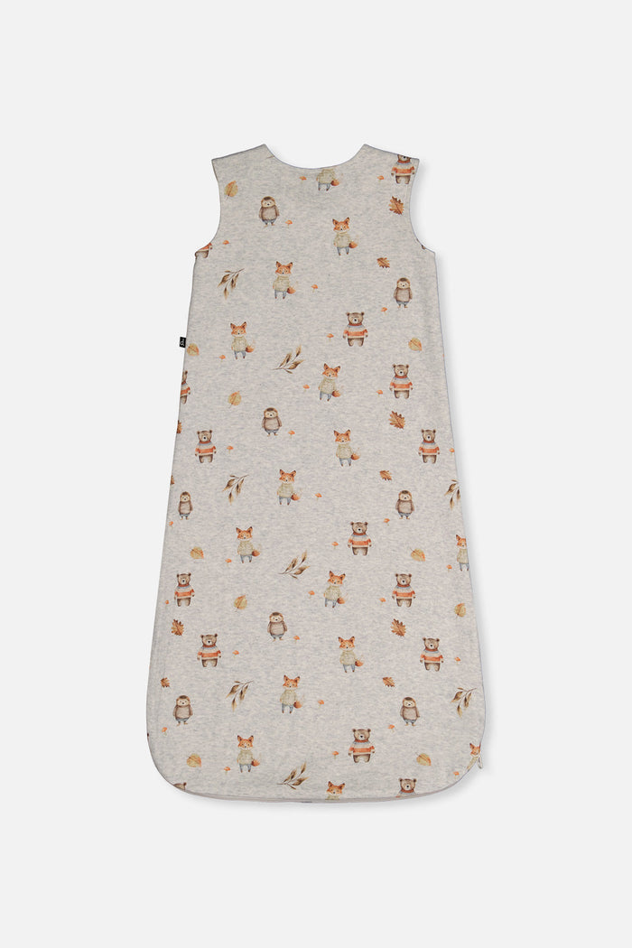 Deux par Deux organic cotton baby sleep sack with beige woodland animal print, view 2