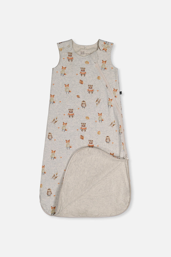 Deux par Deux organic cotton baby sleep sack with beige woodland animal print, view 3