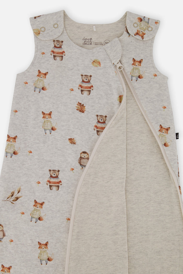 Deux par Deux organic cotton baby sleep sack with beige woodland animal print, view 4