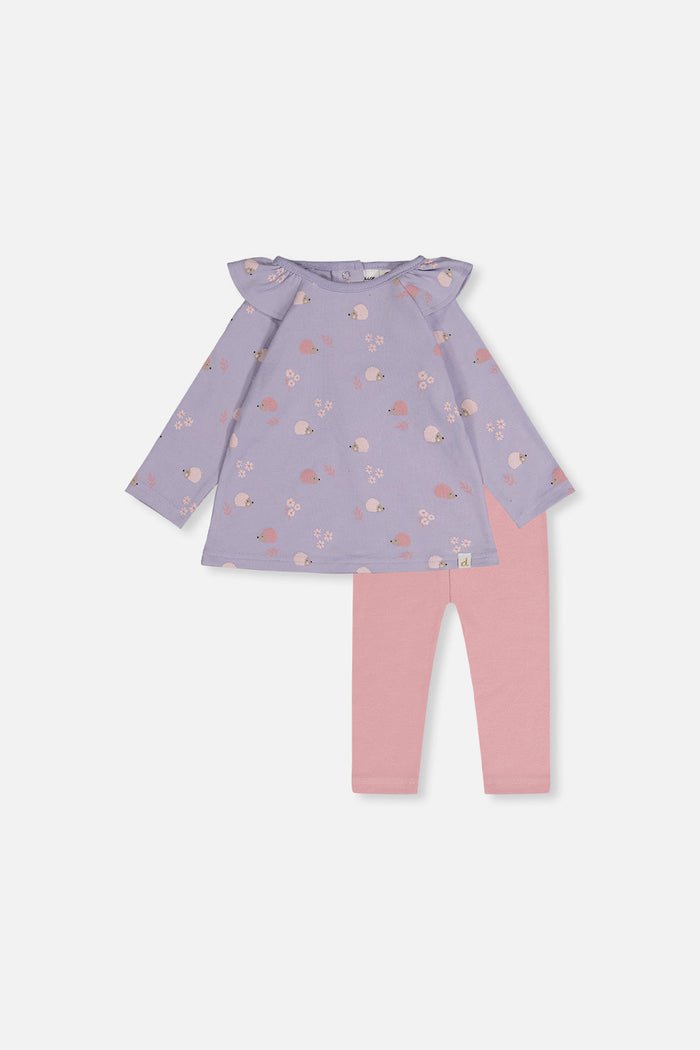 Deux par Deux baby girl purple hedgehog print tunic and dusty pink leggings set, front view