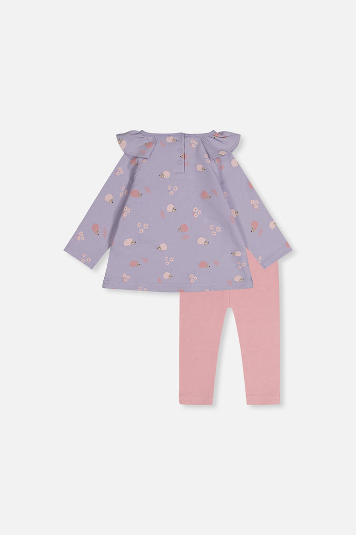 Deux par Deux baby girl purple hedgehog print tunic and dusty pink leggings set, back view