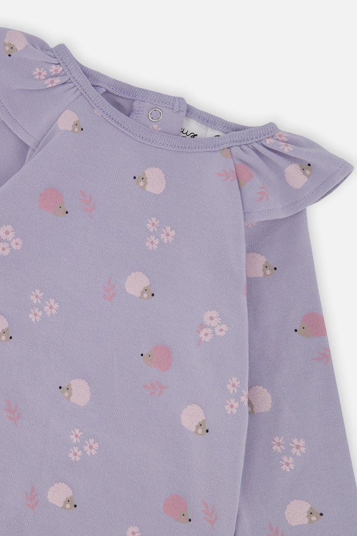 Close-up detail of the Deux par Deux purple hedgehog print tunic and dusty pink leggings set, view 4