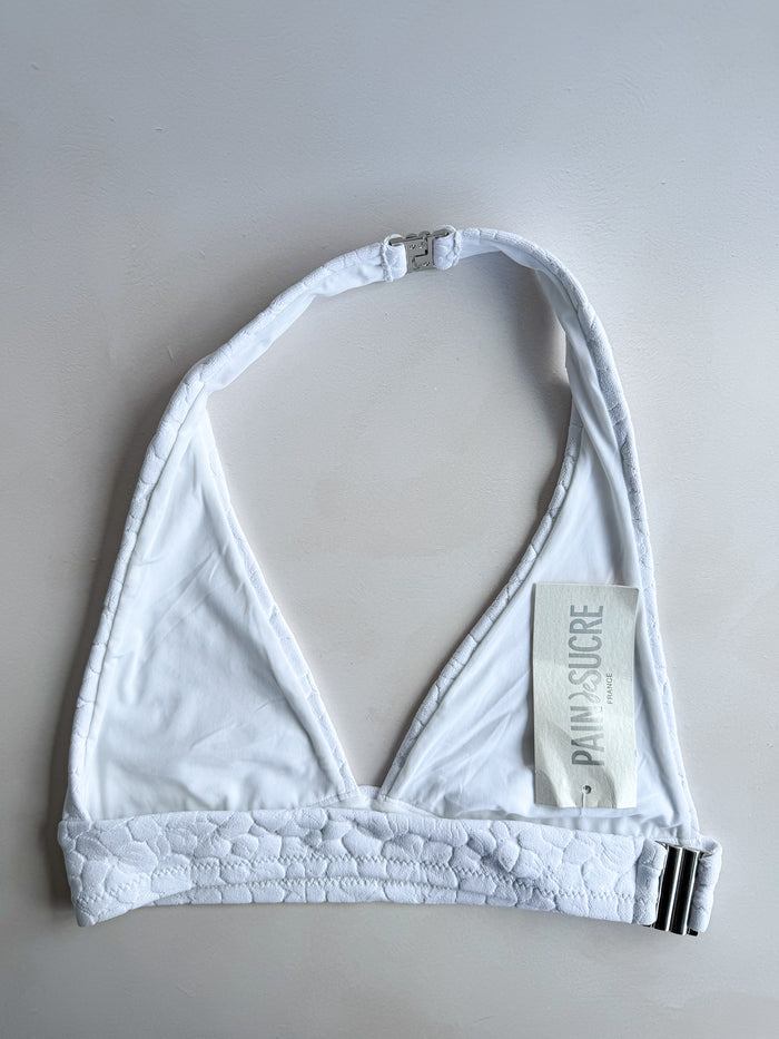 Pain De Sucre White Floral Woven Bikini Top in Mita