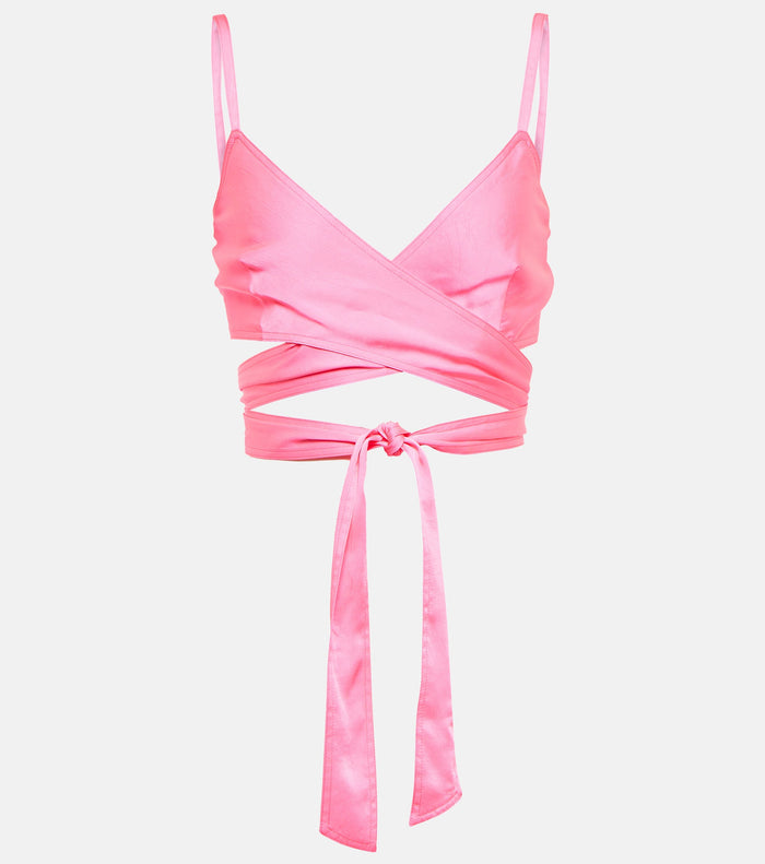 PALM ANGELS Pink Satin Crop Wrap Tie Top