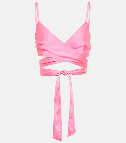 PALM ANGELS Pink Satin Crop Wrap Tie Top