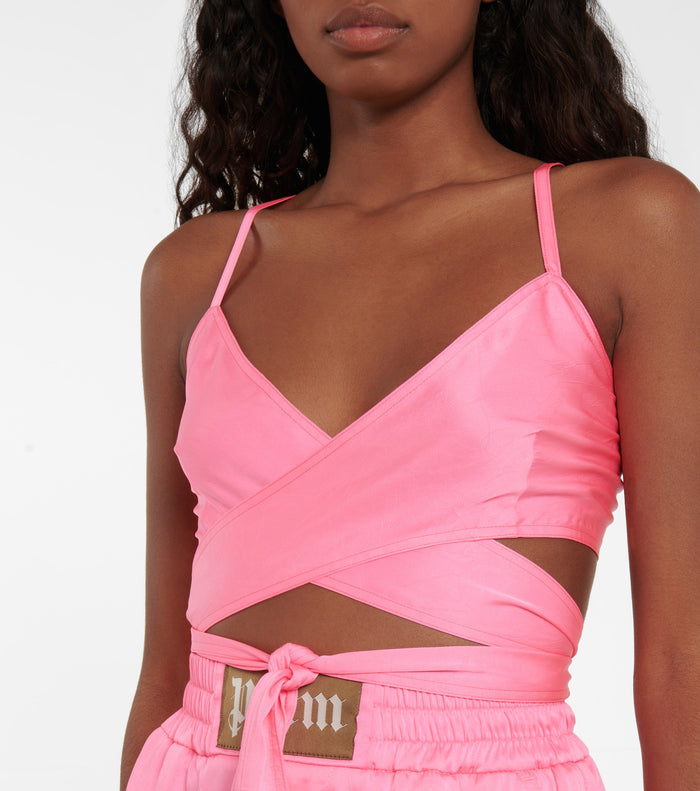 PALM ANGELS Pink Satin Crop Wrap Tie Top
