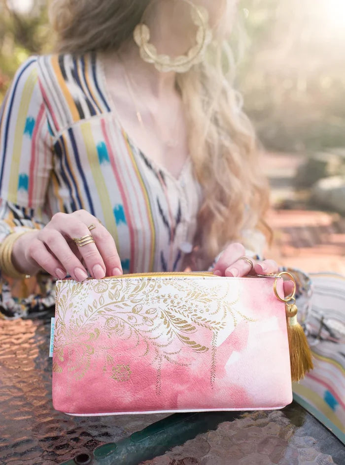 Papaya - Blush Watercolor Pink Small Tassel Pouch Clutch Purse Boho Bag APS0064