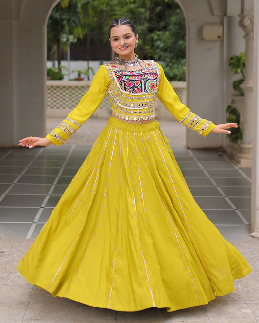 PARROT GREEN COLOR ROMAN SILK NAVRATRI LEHENGA CHOLI