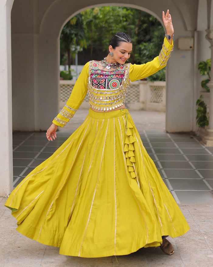 PARROT GREEN COLOR ROMAN SILK NAVRATRI LEHENGA CHOLI