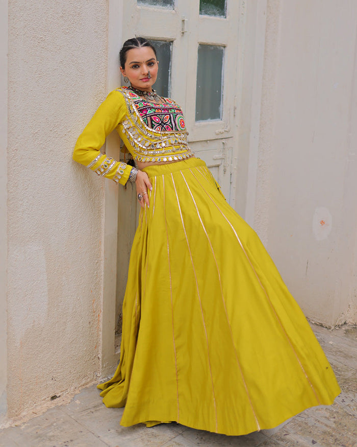PARROT GREEN COLOR ROMAN SILK NAVRATRI LEHENGA CHOLI