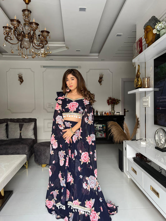 Party Wear Flower Digital Printed Black Lehenga Choli