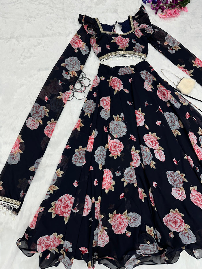 Party Wear Flower Digital Printed Black Lehenga Choli