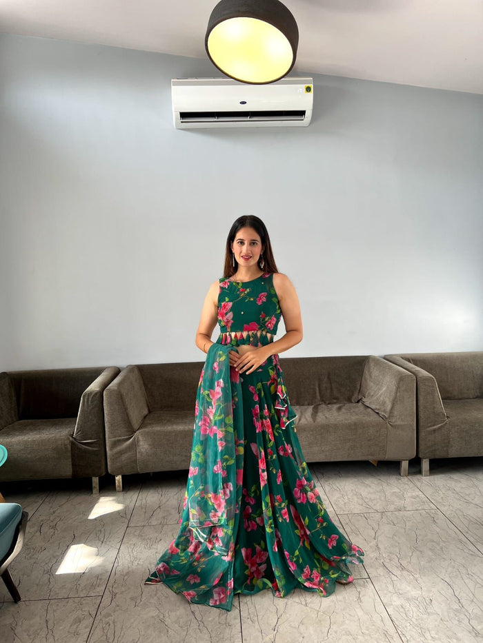 Party Wear Green Color Digital Print Lehenga Choli