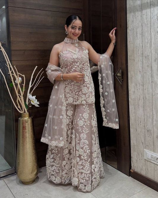 Party Wear Halter Neck Kurta And Plazzo Set Dupatta In Butterfly Net With Sequence Embroidery Work