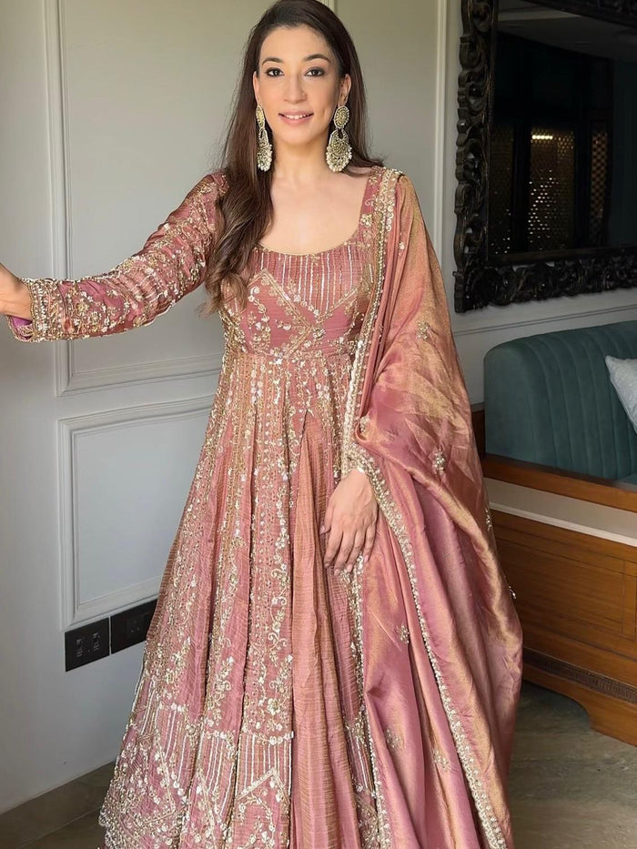 Peach Crunchy Silk Heavy Embroidery Gown with Lahenga And Dupatta