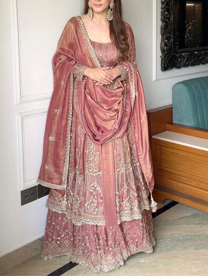 Peach Crunchy Silk Heavy Embroidery Gown with Lahenga And Dupatta