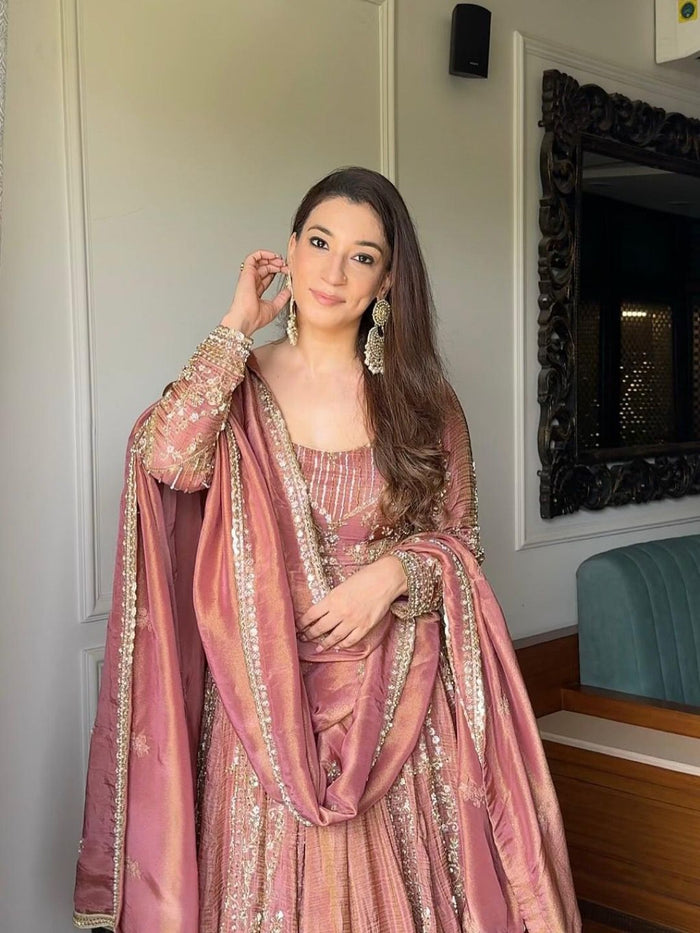 Peach Crunchy Silk Heavy Embroidery Gown with Lahenga And Dupatta